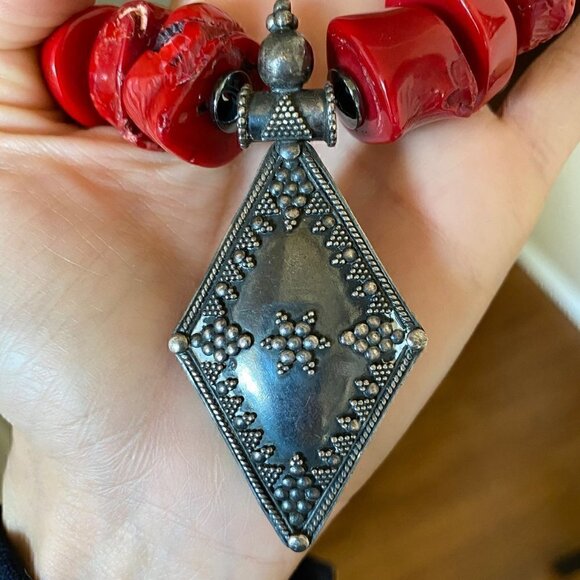 Vintage Chunky Blood Red Coral Sterling Silver Pendant Necklace sz 20" 10.3 oz - Picture 8 of 12